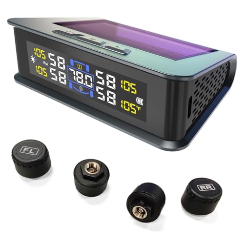 Shkalacar Tire Pressure Monitoring, Solar Power Tire Pressure Monitor with 4 External Sensors, Security Alarm, Real-time Display Temperature Pressure for Car SUV Off-Road Vehicle
