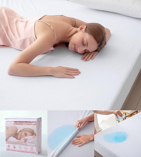 Premium Cotton Terry Mattress Protector – 100% Waterproof, Ultra-Soft & Breathable, Noiseless Cooling Bed Cover Machine Washable Deep Pocket Fits Up to 22” for Secure Protection & Comfort Queen