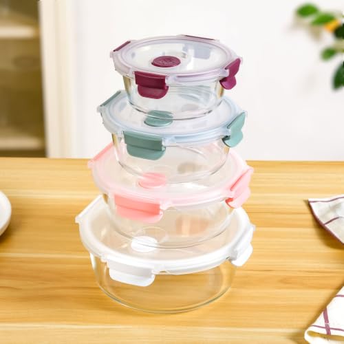 Image of Nestasia Round Stackable Glass Container with Lid Set of 4 (390ml, 630ml, 960ml, 1.4L) - Airtight Food Container with Air Vent for Kitchen | Dishwasher & Microwave Safe Container for Fridge Storage