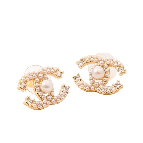 Letter pearl set with diamonds and silver needle stud earrings, Gold-Tone Fashion Jewelry for Women