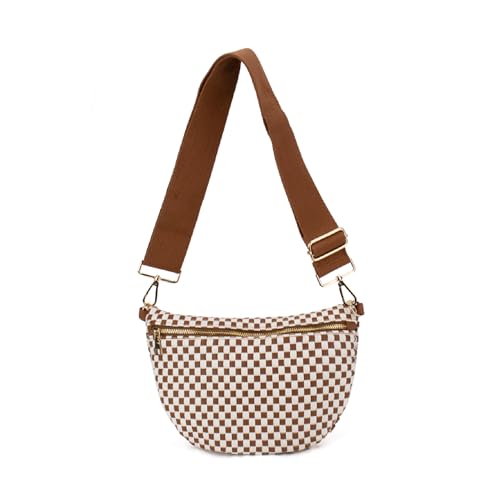 Babs + Birdie The Fiona | Woven Bum Bag | Stylish Woven Crossbody Pack | Adjustable Strap for Travel Festivals & Everyday | Brown & White Checkered
