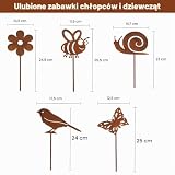 YPLANGENT Zestaw 5 sztuk metalowych ozdób ogrodowych, dekoracja ogrodowa, patyna, kwiat, pszczoła, ptak, ślimak, motyl, na balkon, taras, doniczka