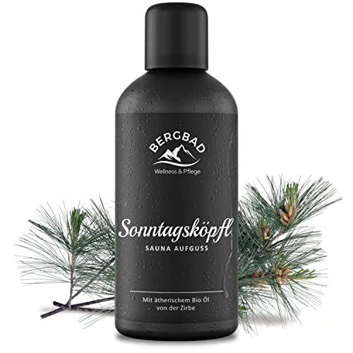 BERGBAD Saunaaufguss BIO ZIRBE PUR 100ml, SONNTAGSKÖPFL wohltuendes, erfrischendes Sauna-Aufgussmittel mit Bio-Alkohol, Wasser und 100% naturreinen ätherischen BIO Ölen Cover