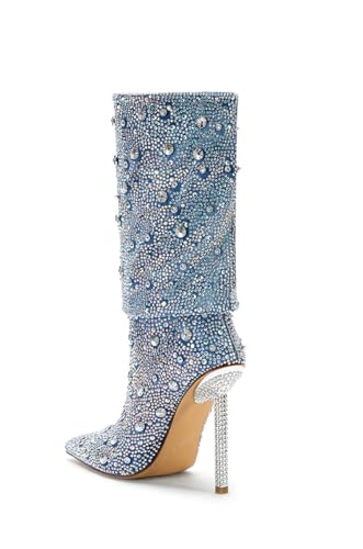 Women's Rhinestone Fold Over Ankle Boots Denim Sparkling Boot Pull on 2024 Fashion Sexy Silver Stiletto Heel Mid Calf Boots Pointed Toe Slouchy Pull-on Boots2