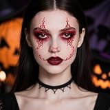 HOWAF 2 Sheets Halloween Clown Face Gems Jewels for Women Halloween Makeup Costume, Red Rhinestone Face Tattoos for Day of the Dead Clown Cosplay, Skull Temporary Tattoos for Carnival Favors