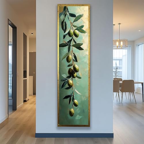 Affiche branche d'olivier 55x165 cm, peinture toile verticale sans cadre