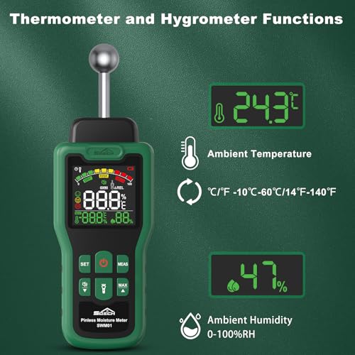 Miniatura 3 de Medidor De Humedad, Medidor Humedad Sqech Con Termómetro, Linterna, Alarma, Detector De Humedad Multifuncional Con Pantalla Lcd A Color, Para Paredes, Madera