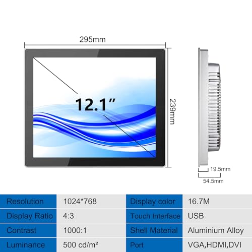 Image of GreenTouch 12.1 Inch Front IP65 Panel Rugged Metal Case Display Touch Screen Industrial Grade Open Frame LCD Monitor - 1024 * 768 - Silver
