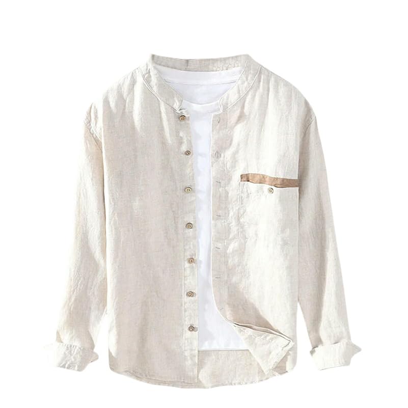 Chemise rétro en lin à manches longues et col montant pour homme élégant