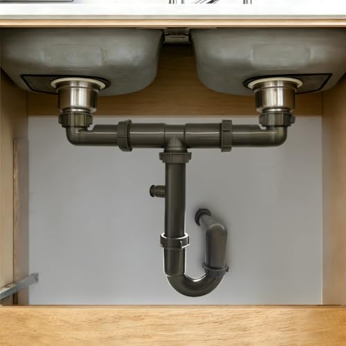 1-1/2\" Double Sink Drain Pipe Kit with P-Trap, Wall-Outlet, Complete Plumbing Replacement for Double Kitchen Sinks