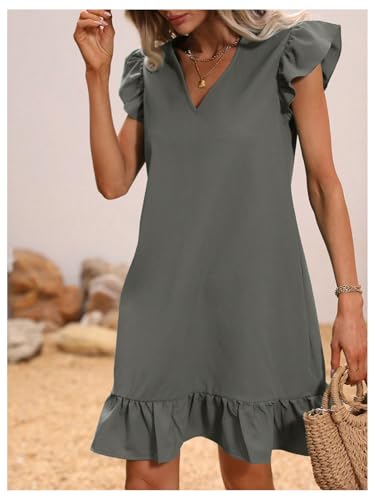 Image of SOLY HUX Summer Dresses for Women V Neck Cap Sleeve Ruffle Hem Smock Short Dress Plain Grey X-Small