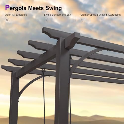 Image of PURPLE LEAF 3-Seat Porch Swing with 12 Clear LED Lights Outdoor Metal Pergola Swing Hanging Cloud Swing Chair for Backyard Garden Patio Hammock Swinging, Cushion and Pillows Included, Coffee