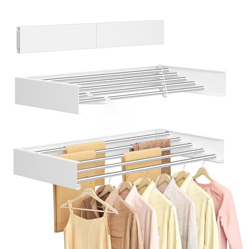 SONGMICS Wäscheständer Wandmontage Wäschetrockner klappbar 5 Stangen Wandwäschetrockner ausziehbar Wandtrockner platzsparend Bohrschablone für innen außen 80 cm mattweiß LLR809WE01