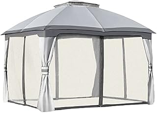 Outsunny 3.7 x 3(m) Metal Gazebo Canopy Party Tent Garden Patio Shelter with Netting Sidewalls & Double Tiered Roof, Grey