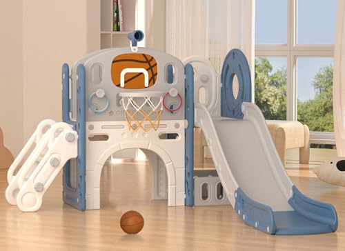 Image of YUFU 9 in 1 Toddler Slide Set, Kids Slide for Toddlers Age 1-3, Toddler Playset with Basketball Hoop and Ball, Outdoor Indoor Playground for Toddlers 1-3 (Blue+Gray)