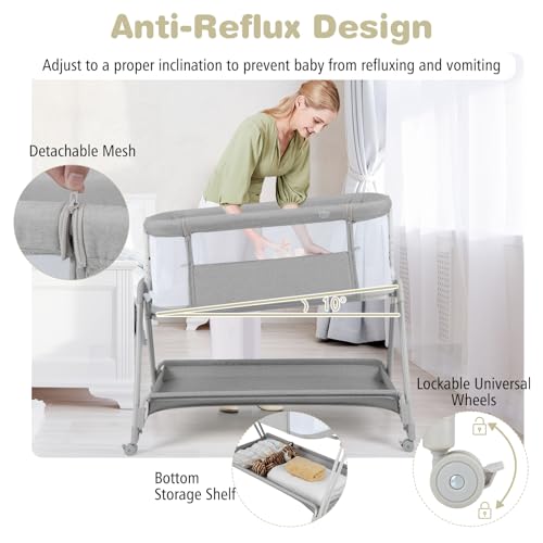 Miniatura 3 de Lifezeal Cuna Para Bebé 97x56x71,5-86,5cm, Cuna Cama Elevable Con Colchón, Cuna Colecho Bebé Con Estante De Almacenamiento, Cuna Viaje Plegable Con Ruedas Gris Claro