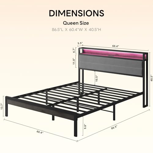 Image of LIKIMIO Queen Bed Frame with Storage Headboard and LED Lights, Metal Platform Bed with Charging Station, Noise Free, No Box Spring Needed, Under Bed Storage, Charcoal Gray