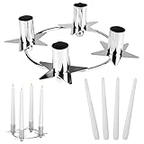 BRUBAKER Kerzenhalter Kranzform inkl. 4 Premium Spitzkerzen Weiß - 22 cm Adventskranz Ring für Stabkerzen - Stern Adventskerzenhalter Silber - Kerzenständer aus Metall für Advent & Weihnachten