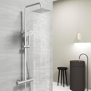 Acezanble Thermostatische douchezuil, thermostatisch douchesysteem 38 °C, roestvrijstalen douchezuil met mengkraan voor badkamer, 20 x 20 cm, douchekop, handdouche met 3 straalsoorten, vierkant