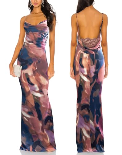 Image of Aigeman Women Spaghetti Straps Mermaid Evening Gown Wedding Guest Dress Drape Neck Lace Backless Formal Maxi Dress 21