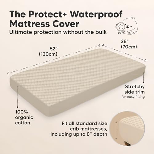 Image of 2-Pack Waterproof Crib Mattress Protector Cover Fitted - Quiet Baby Crib Mattress Pad Sheets, 52 inch x 28 inch Soft Quilted Cotton Baby Sheet, Machine Washable, Easy Fit, Durable (Ecru /Quin)
