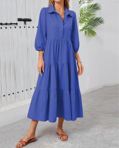 Image of Women Button Down Maxi Shirt Dress Long Sleeve Flowy Tiered Collared Dresses with Pockets
