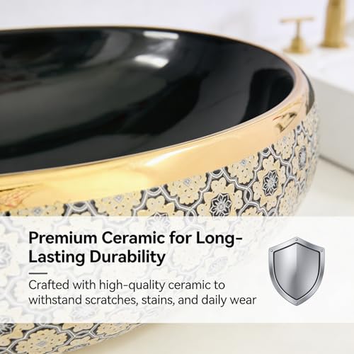 Image of Wallace Premium Countertop Wash Basin 60x40x15 cm | Oval Ceramic Table Top Sink | Black Interior with Royal Gold Ornate Pattern | Luxury Designer Vanity Wash Bowl for Modern Bathrooms