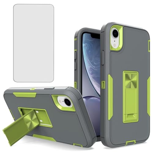 Coque iPhone XR gris vert avec protection d'écran verre trempé et béquille