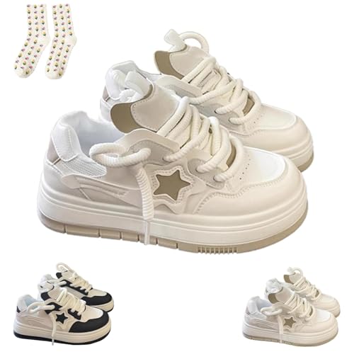 Star Shoes Walking Sneakers for Women Low Top Lace-up Comfort Casual Shoes Y2K Aesthetic Chunky Platform Sneakers