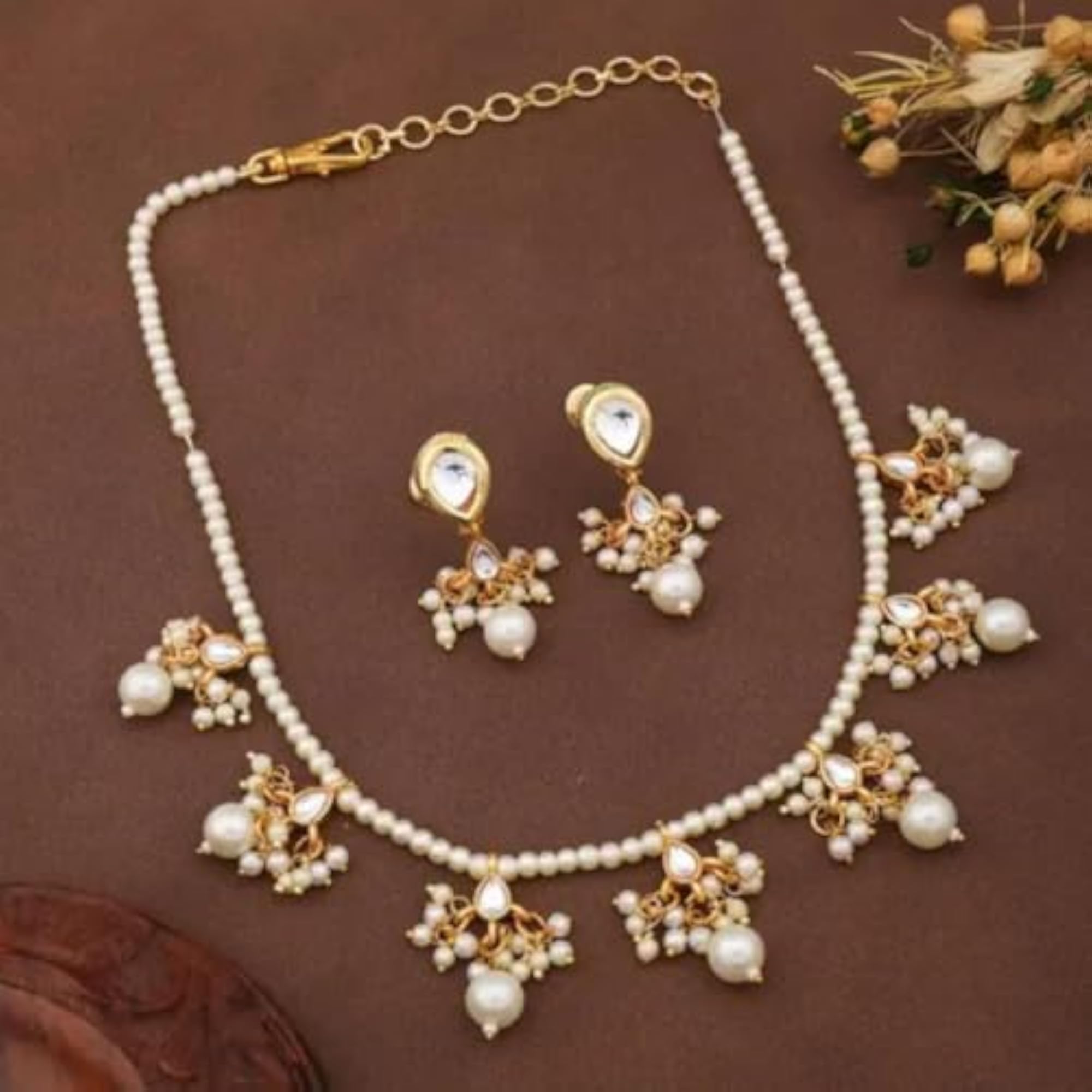 Women's Gold-Plated Pearl Studded Necklace Set, Bridal