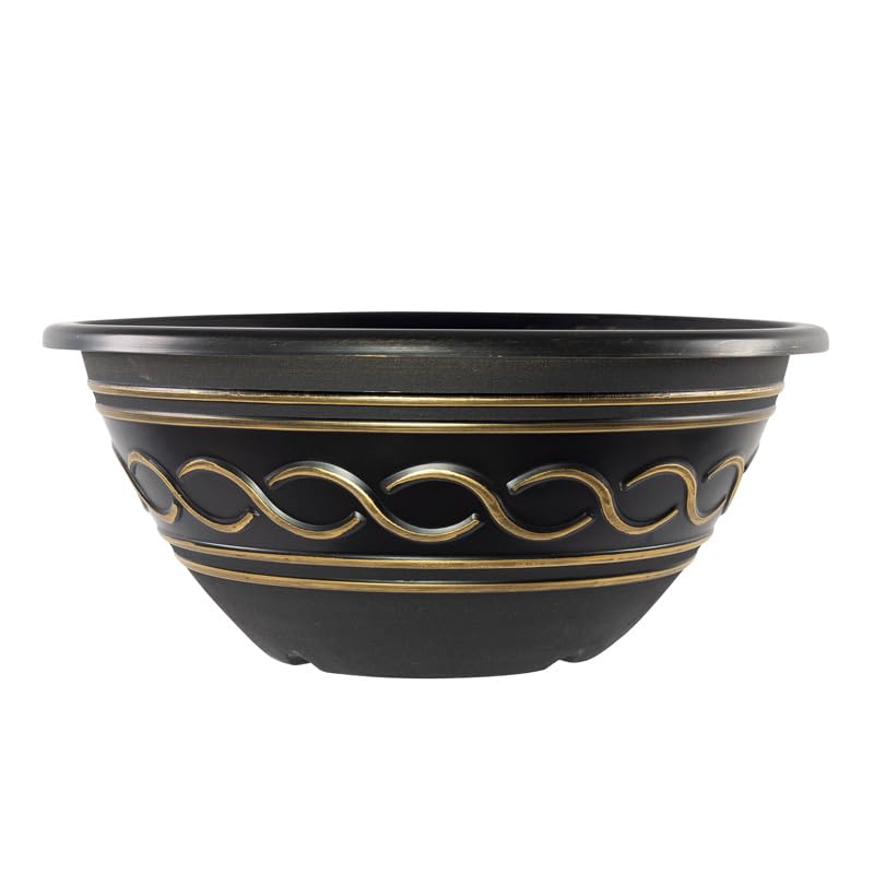 Muddy Hands 16 Litre Black & Gold Decorative Bowl Plant Pot Outdoor Garden Round Plastic Flower Herb Planter (Diameter: 45cm - Height: 19cm)