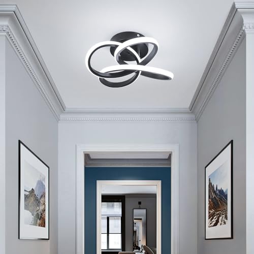 CANOE Modern LED Ceiling Light Fixture, Cool White Small Hallway Light, Black Close to Ceiling Lamp for Hallway, Bedroom, Bathroom, Entryway, Balcony, Stair, Curved Design