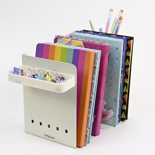 Image of Adjustable Bookend Organizer with Pen Holder | Expandable Desk Bookshelf for Office, Study, and Home | Book Rack Stand for Books, Files & Stationery (Extends Up to 17 Inches) - White