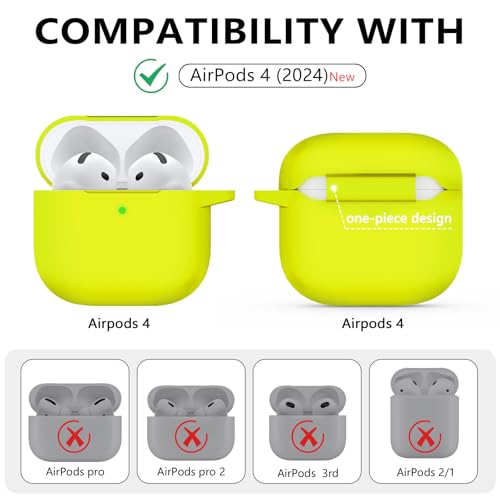 Image of Ljusmicker for AirPods 4 Case 2024 with Cleaner Kit,Fluorescent Green | Soft Silicone Protective Cover for Apple AirPods 4th Generation Case with Keychain for Women Men,Shockproof