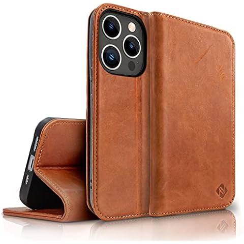 NALIA Genuine Leather Flipcase Compatible with iPhone 14 Pro Max Case, Handmade 100% Cowhide Leather Protective Cover with RFID Protection, Card Slots & Stand Function, Premium Wallet, Color:Brown Cover