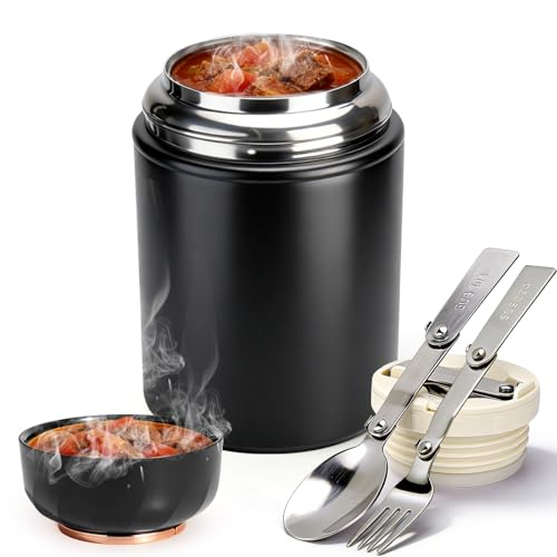 Juome Thermo for Hot Food, 17oz Soup Thermo Lunch Box for Adults, Insulated Vacuum Food Jar Container with Spoon&Fork, Leak Proof Stainless Steel Wide Mouth Thermo for Hot & Cold Foods, Drinks (Black)