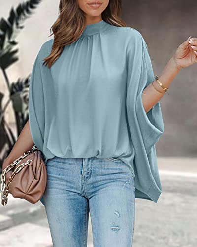 Btfbm Women's Mock Neck Batwing Short Sleeve Summer Oversize Casual High Low Hem Blouse (Light Blue, L) #TOP2