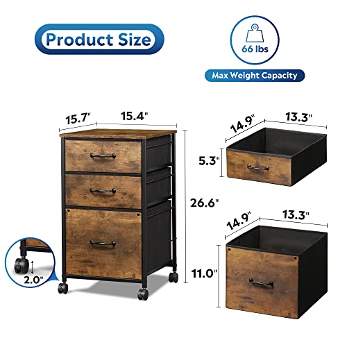 Devaise Mobile File Cabinet, Rolling Printer Stand With 3 Drawers, Fabric Vertical Filing Cabinet Fits A4 Or Letter Size For Home Office, Rustic Brown Wood Grain Print #TOP2