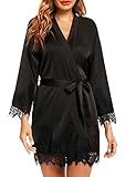 AGFAN Women's Satin Kimono Robe Lace Trim Short Silky Bathrobe Bridesmaid Robes Dressing Gown Black...