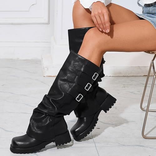 Knee High Boots for Women Fold Over Boots Slouchy Square Toe Biker Boots Platform Riding Boots Gothic Moto Buckle Boots3