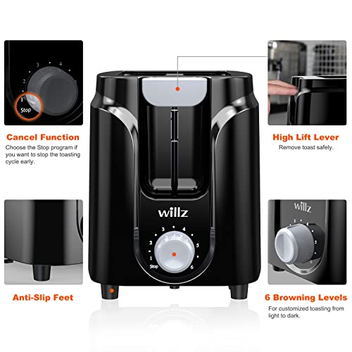 Willz WLTO2BKM075 2-Slice Toaster, Extra Wide Slot With 6 Browning Levels, Small Toaster For Bread, Removable Crumb Tray thumb #1