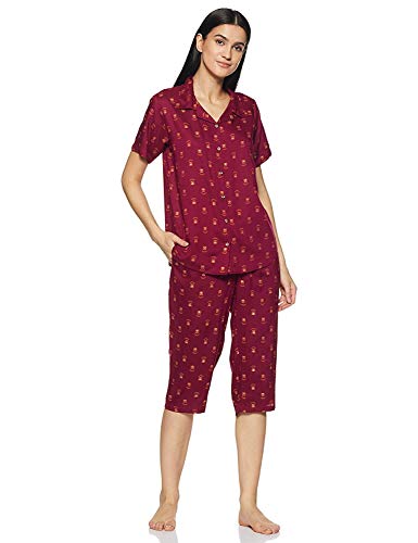 Image of Longies Women's Rayon Pyjama Night Suit Regular Capri Set ((LGRCSSY012 Red Small) S)
