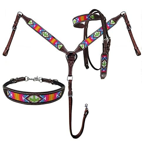 Showman Bright Beaded Southwest Cactus Design Headstall & Breast Collar Set, Average Full Size Horse