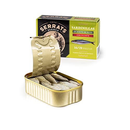 Conservas Serrats - Sardinillas en Aceite de Oliva Picante - 16/20 sardinillas por lata (115g)