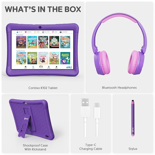 Image of Contixo K102 10 inch Kids Tablet Bundle - Wireless Kids Headphones, 32GB, Learning Educational Apps, Parental Controls, Dual Cameras, Shockproof Case with Kickstand & Stylus, Ages 3-7 - Purple