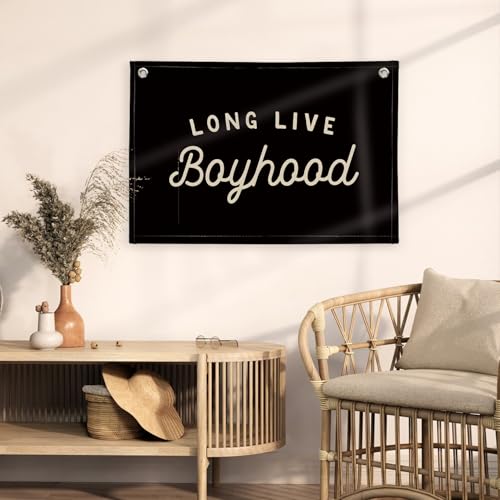 Image of Long Live Boyhood Banner Boy Room Decor, Black Banner Flag Nursery Playroom Wall Decor for Bedroom Living Room Dorm Toddler Decorations Teen Boy Room Decor for kid banner Wall Hanging Linen Flag 30x20