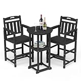 SUUNYN Outdoor Bistro Bar Set, Patio High Top Table and Bar Height Tall Adirondack Chairs Set of 2, All-Weather HDPE Round Pub Furniture for Outside Balcony Backyard Pool Deck | 3-Pieces, Black