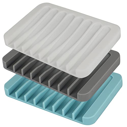 teal soap dish - nophike 3PCS Self Draining Soap Dish,Soap Holder，Soap Savers for Shower，Sink，Kitchen, Bathroom ，Bathtub ，Premium Silicone Soap Tray, Keep Soap Clean，Extend Soap Life (White Gray Teal)