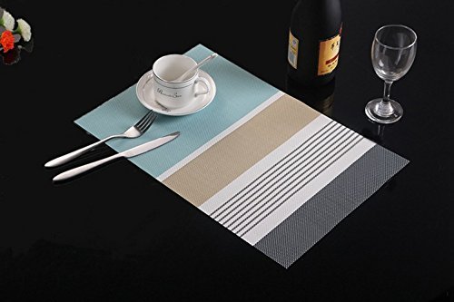 Addfun®Placemats(Set of 6),Premium Washable Color Stripes Table Mats Non-slip Insulation PVC Mats for Dining Table(Blue)