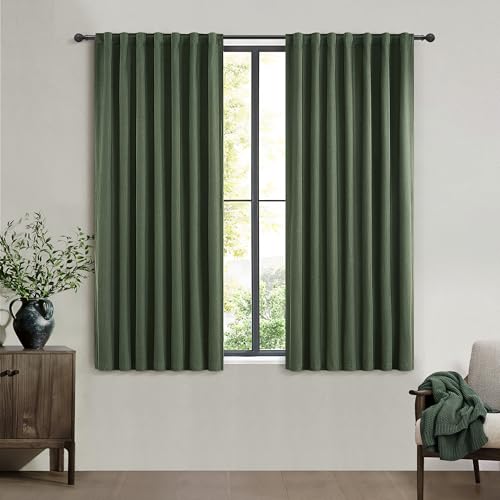 45 Inch Kitchen Curtains Sets for Windows, Faux Linen Blackout Pleated Aesthetic Basement Window Curtain Back Tab 2 Panels Insulated Drapes Olive Green (50" W x 45" L Hooks&Rings Included)